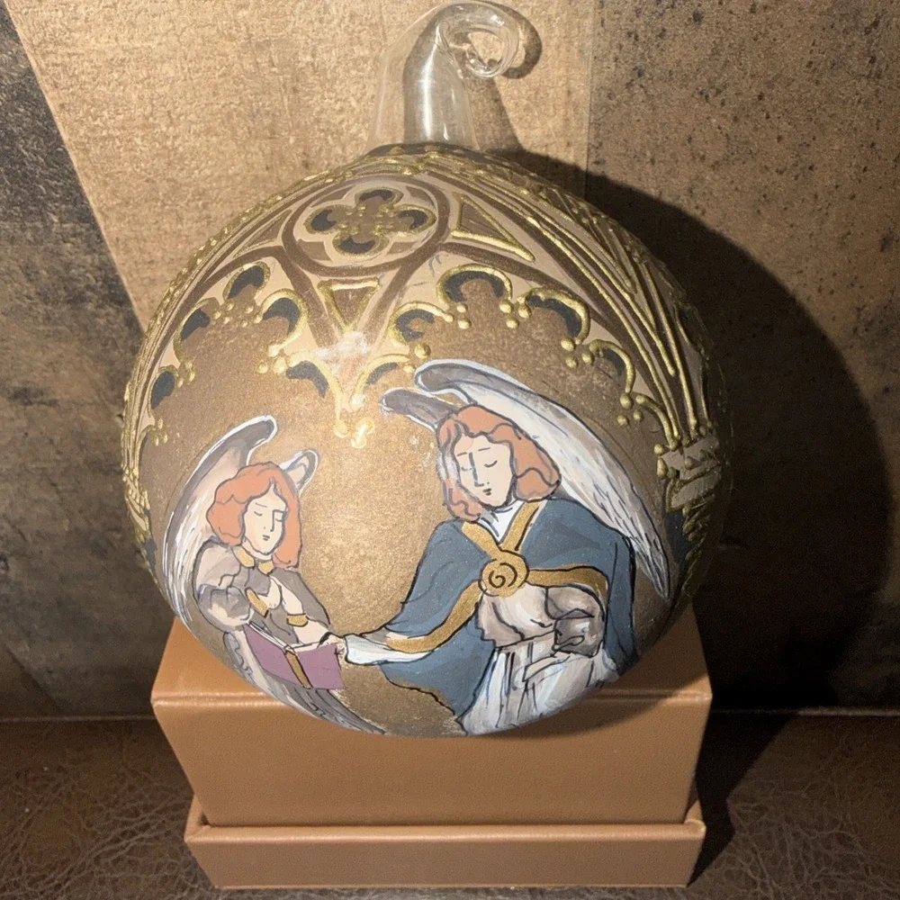 Vtg Hand Painted Inside Glass Christmas Ornament Angels Gold Trim Blown 3